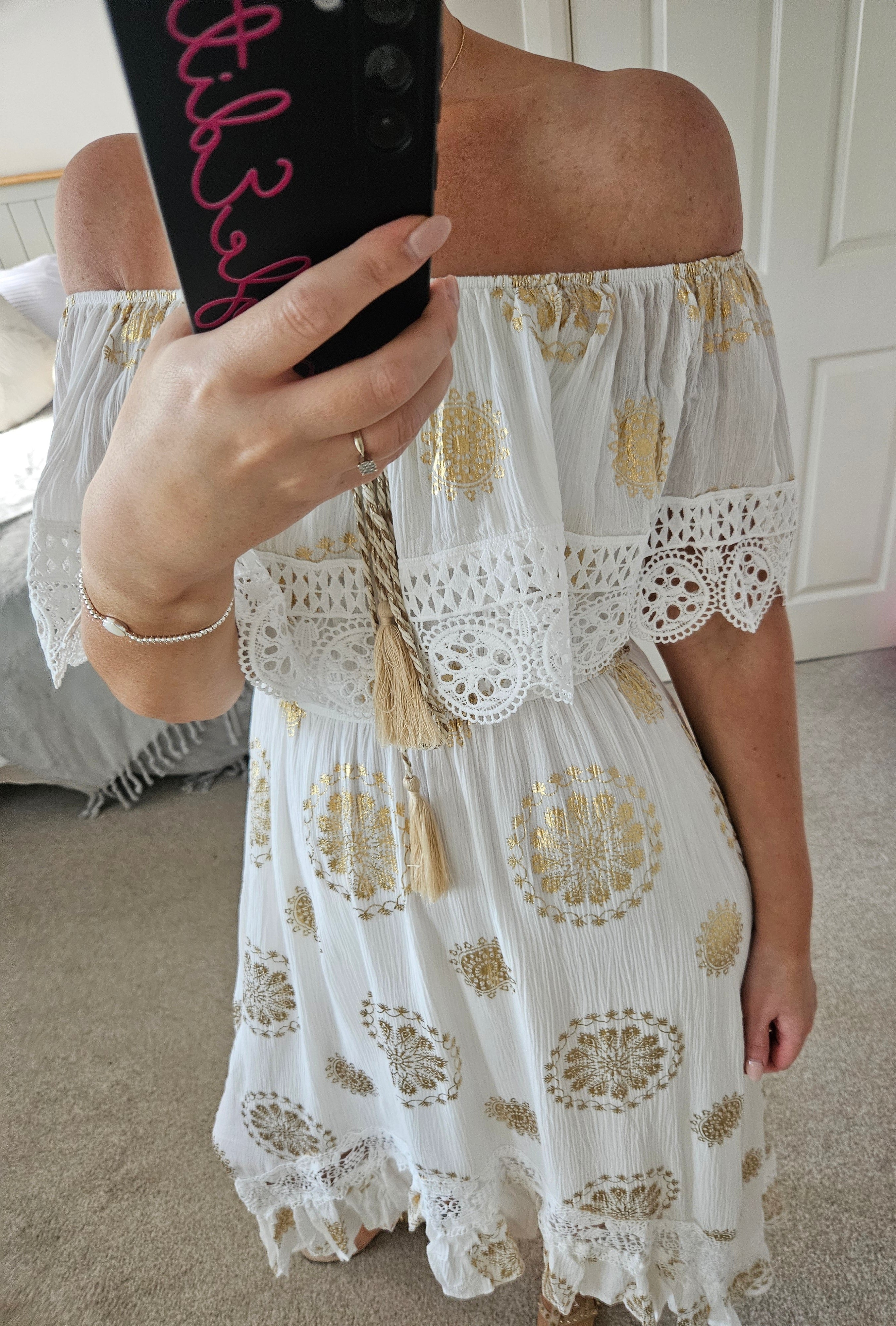Eleni white and gold dip hem dress