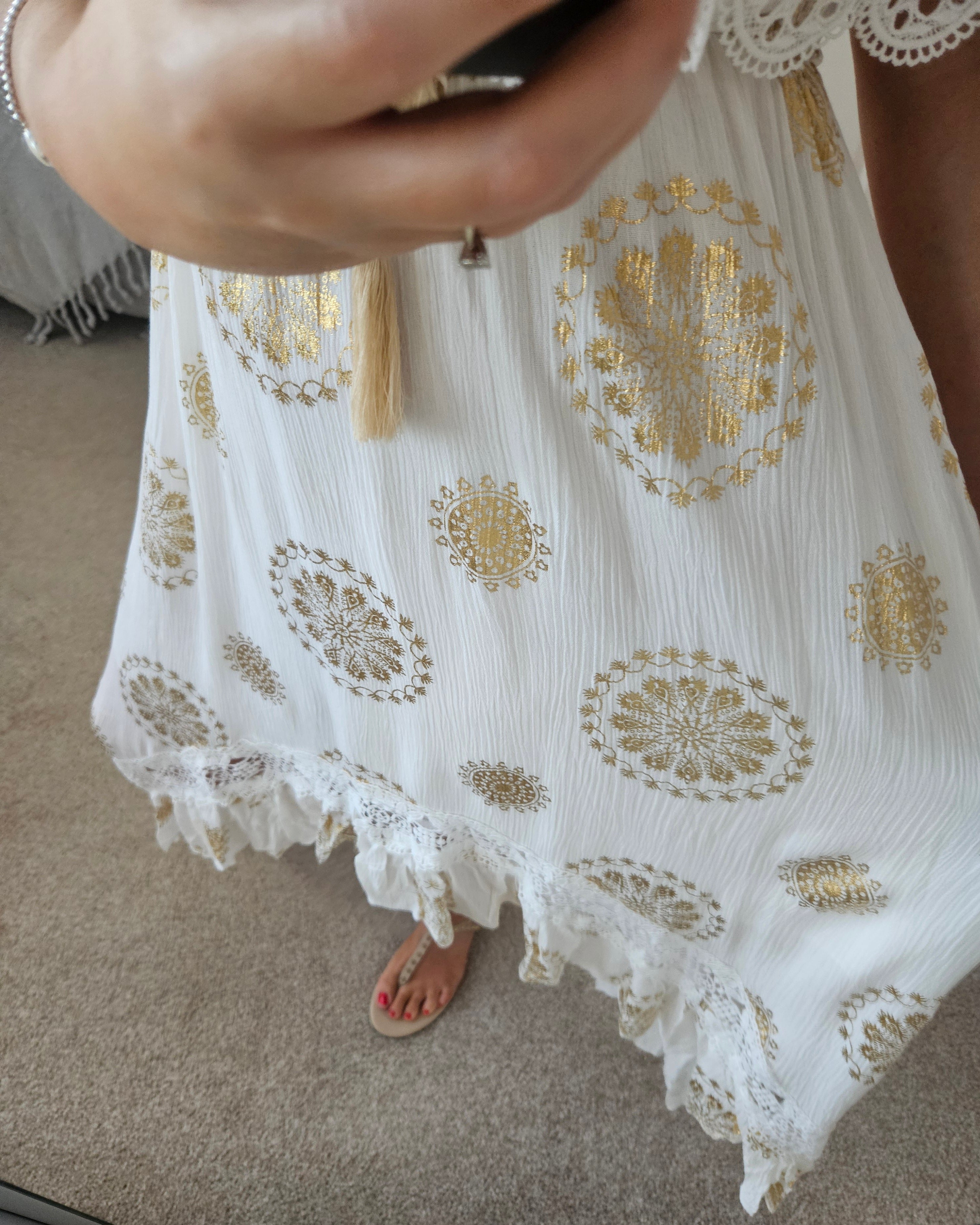 Eleni white and gold dip hem dress