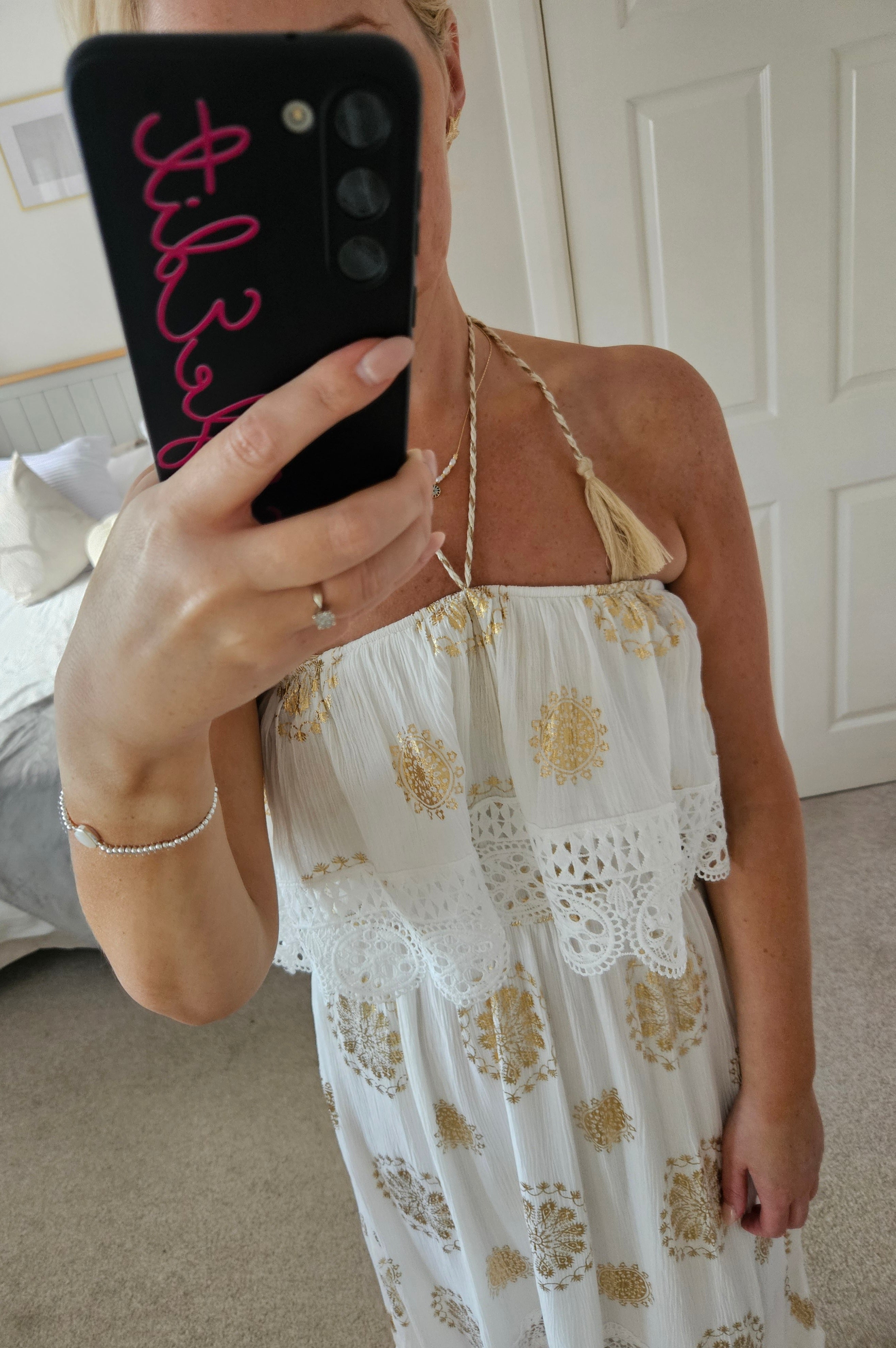 Eleni white and gold dip hem dress