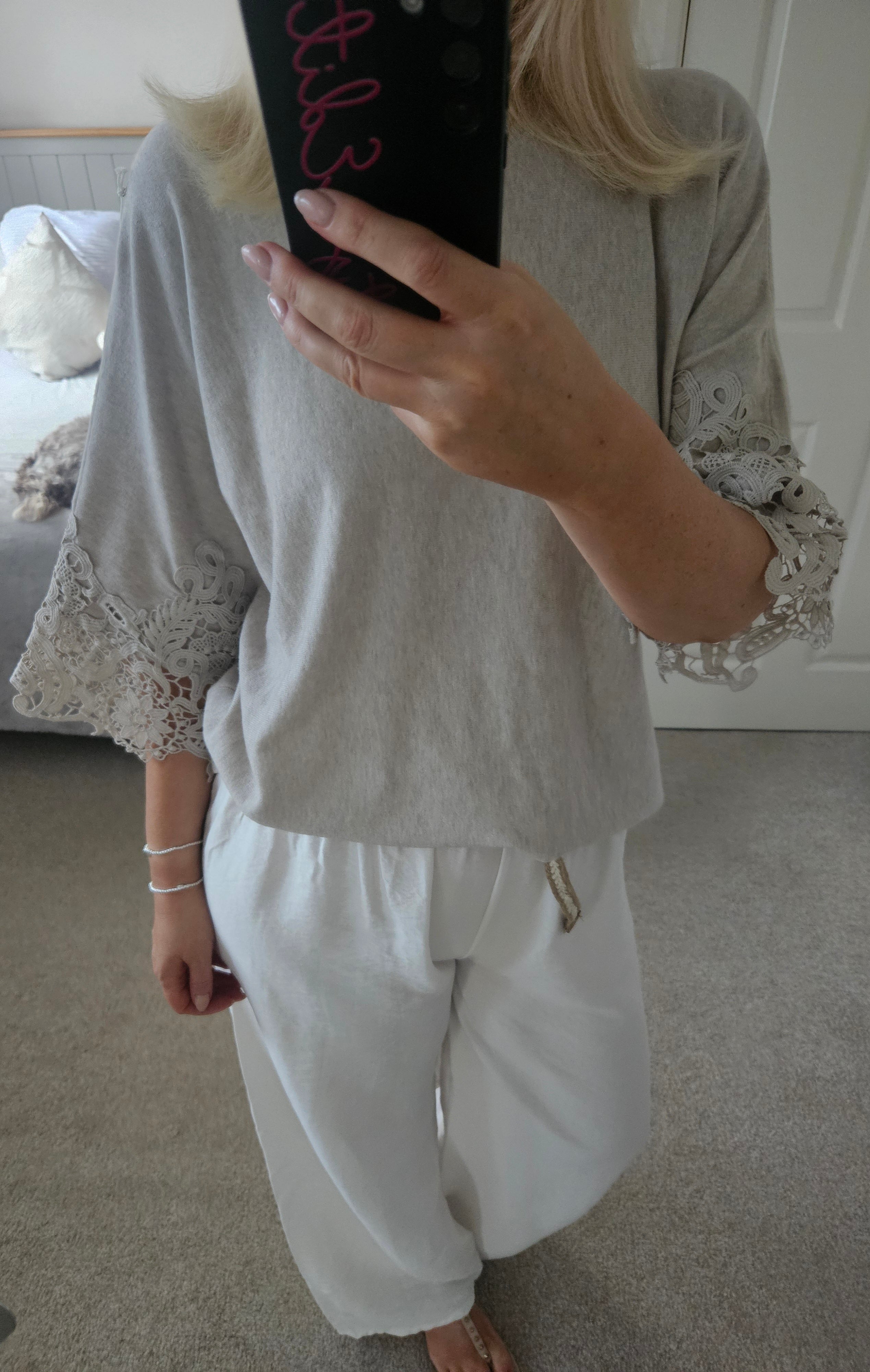 Fifi crochet sleeve knit jumper - Oatmeal