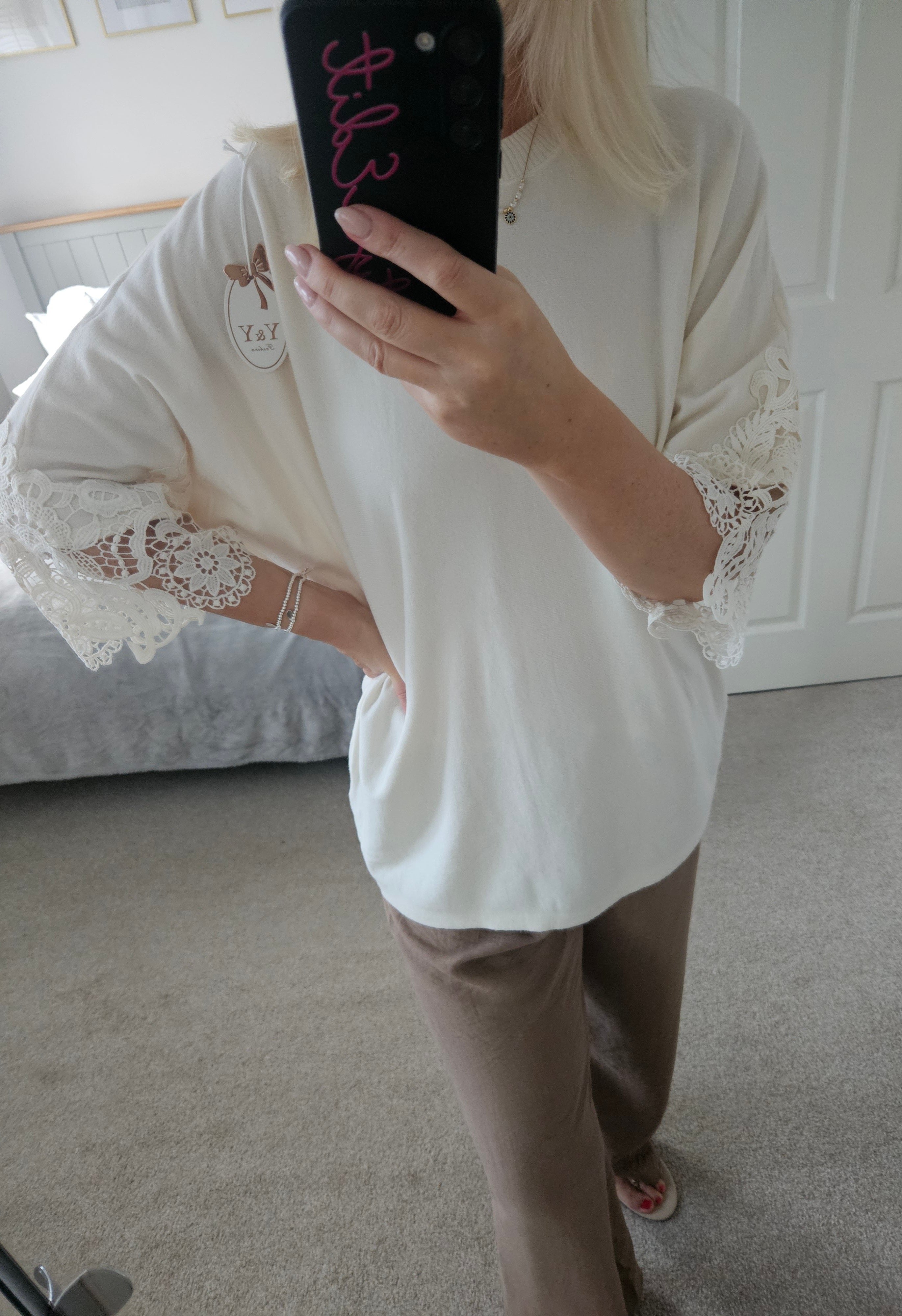Fifi crochet sleeve knit jumper - Cream