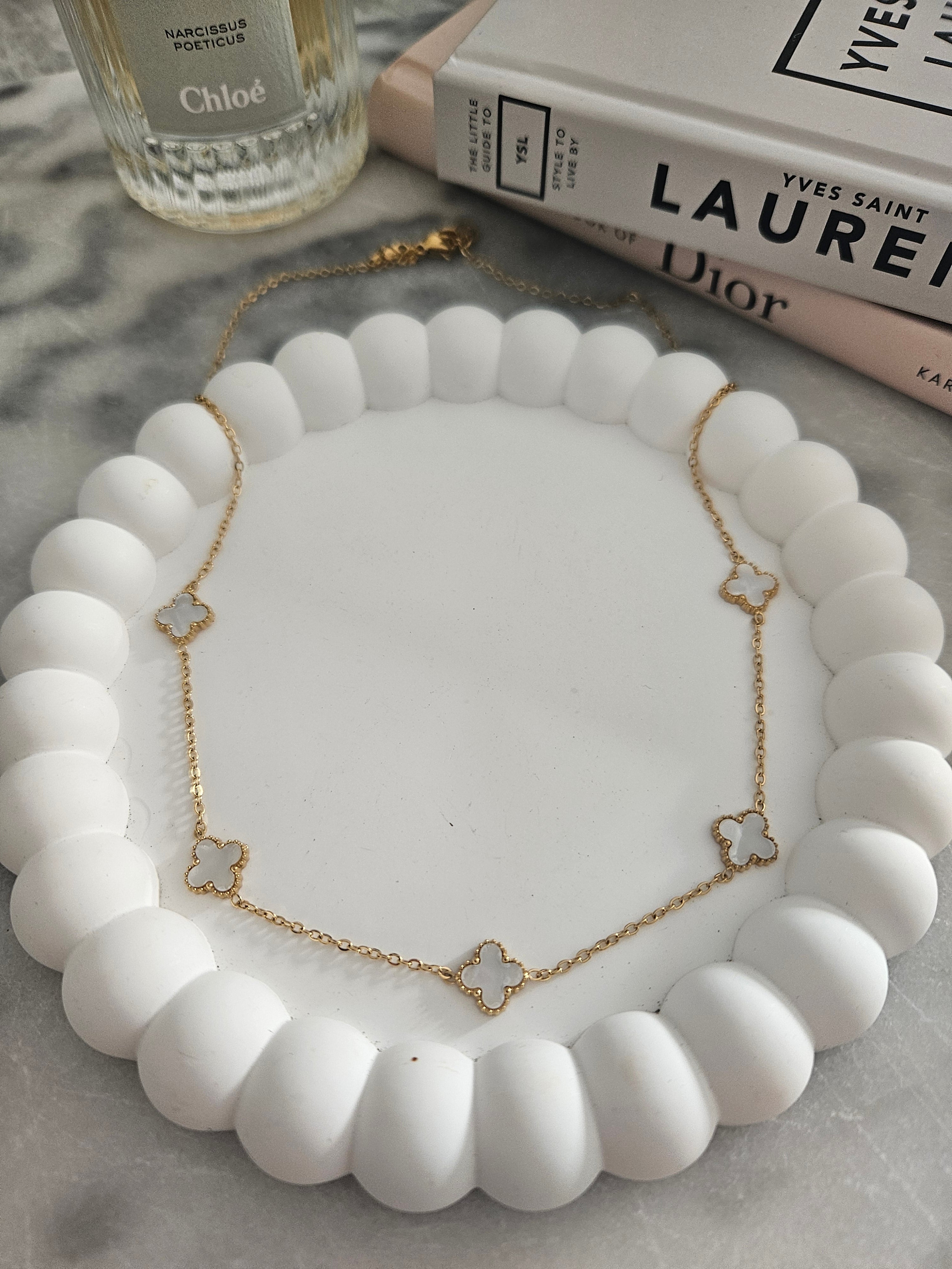 Gold and Cream Pearlescent Clover Necklace