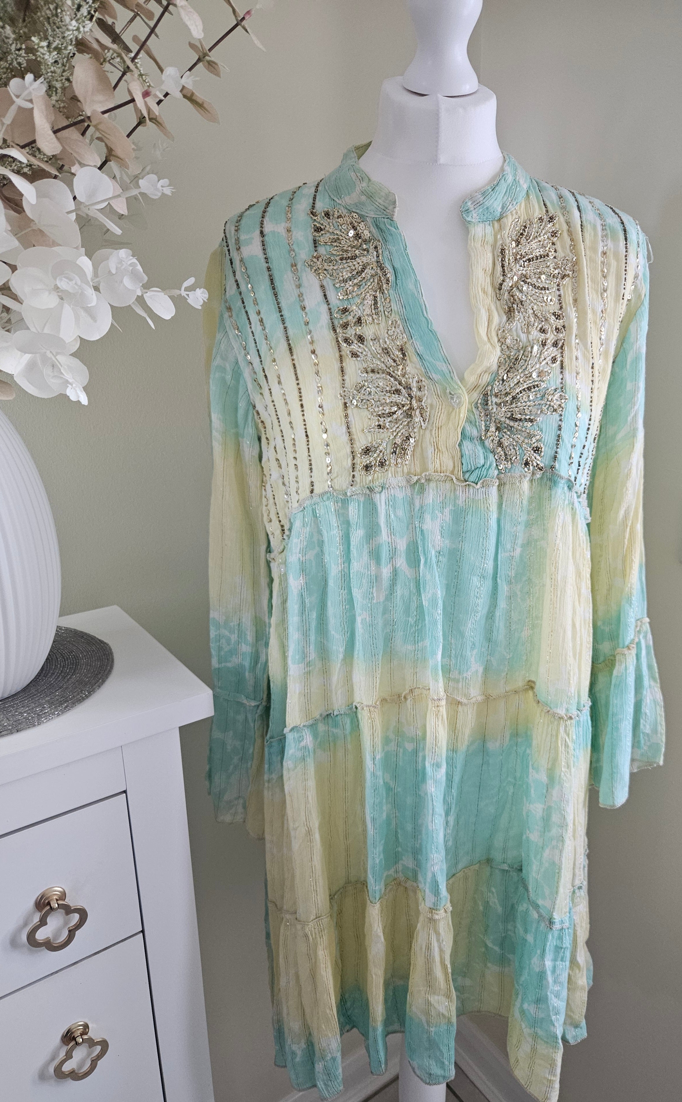 Arabella sequin tie dye dress - Turquoise and yellow