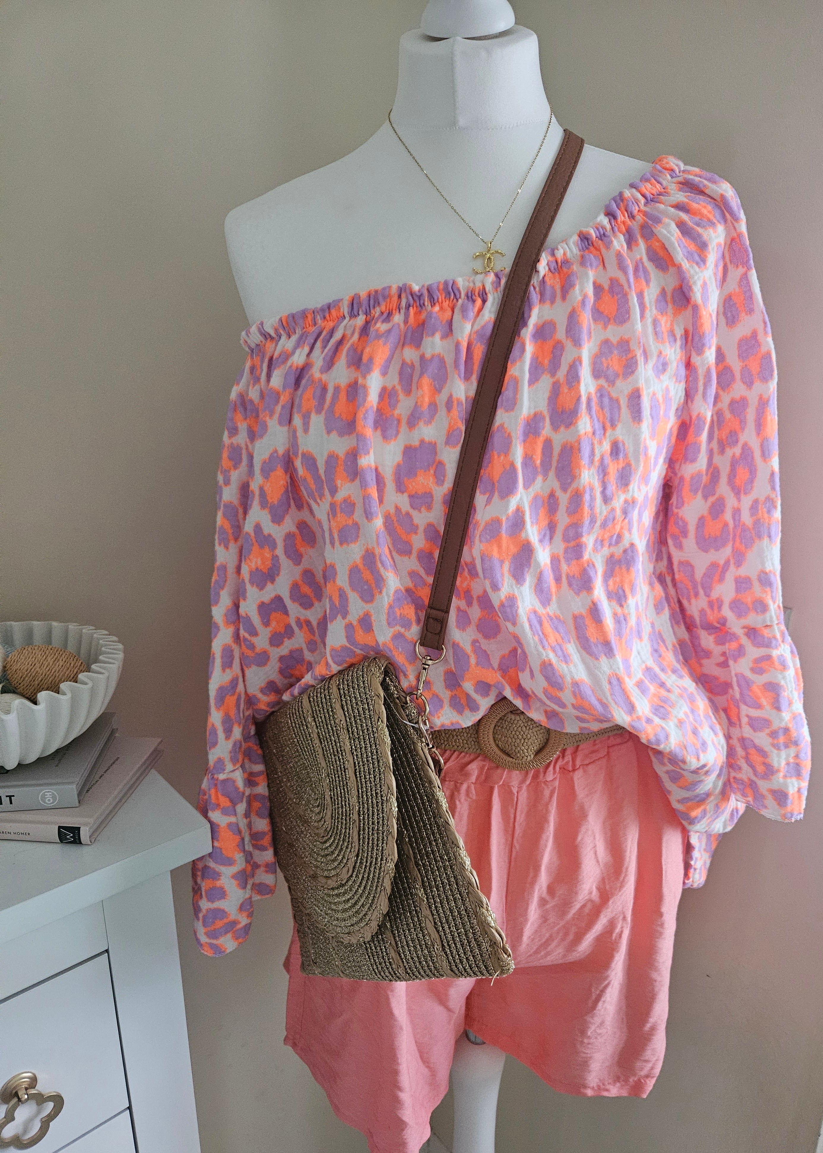 The Amira leopard print off the shoulder top purple and orange