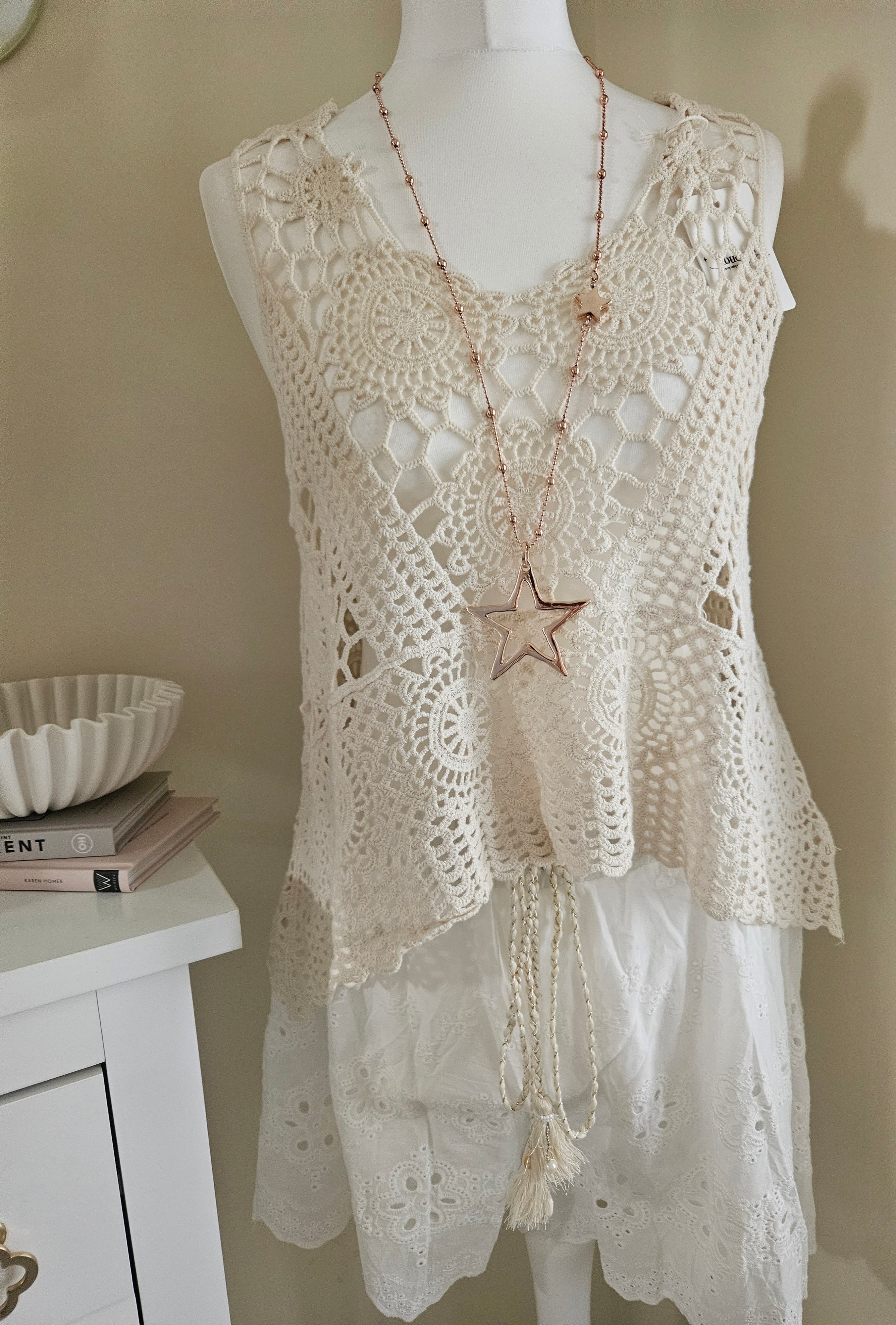 santorini beige crochet vest top