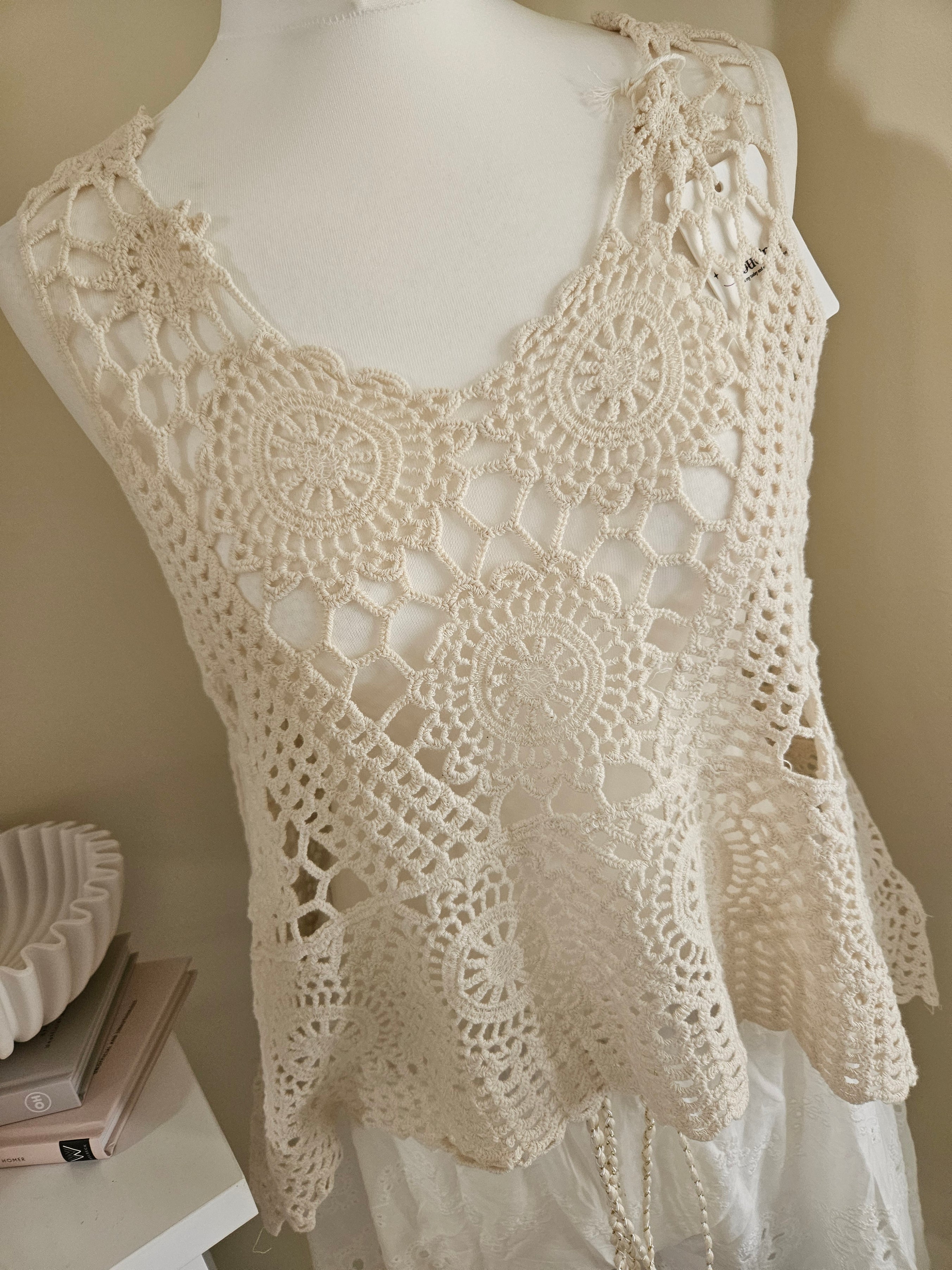 santorini beige crochet vest top