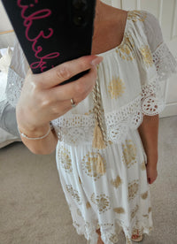 Eleni white and gold dip hem dress