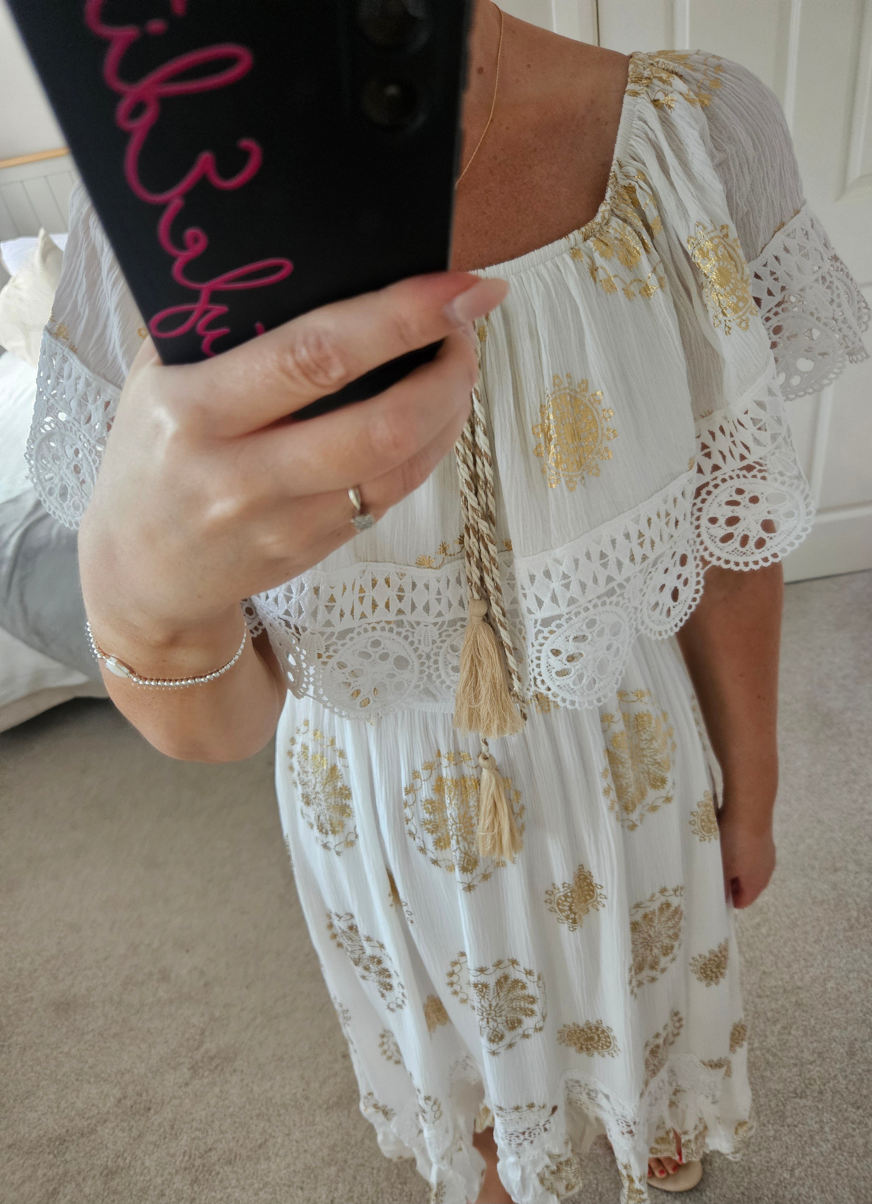 Eleni white and gold dip hem dress