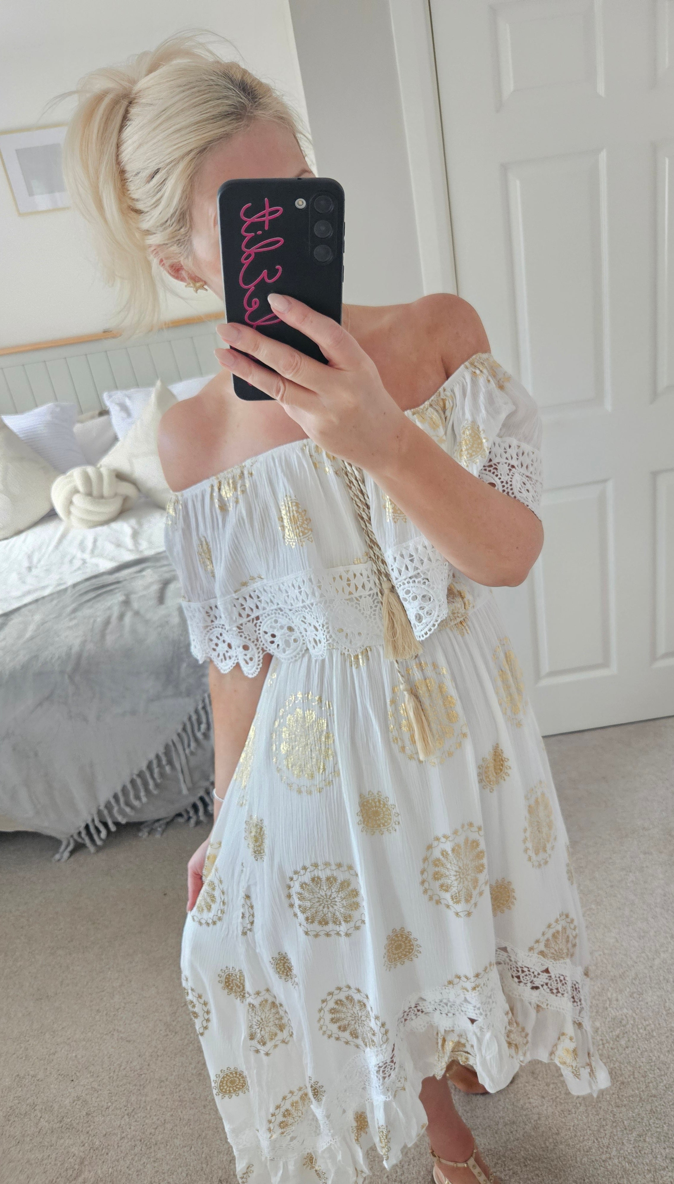 Eleni white and gold dip hem dress