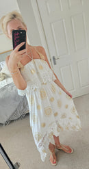 Eleni white and gold dip hem dress