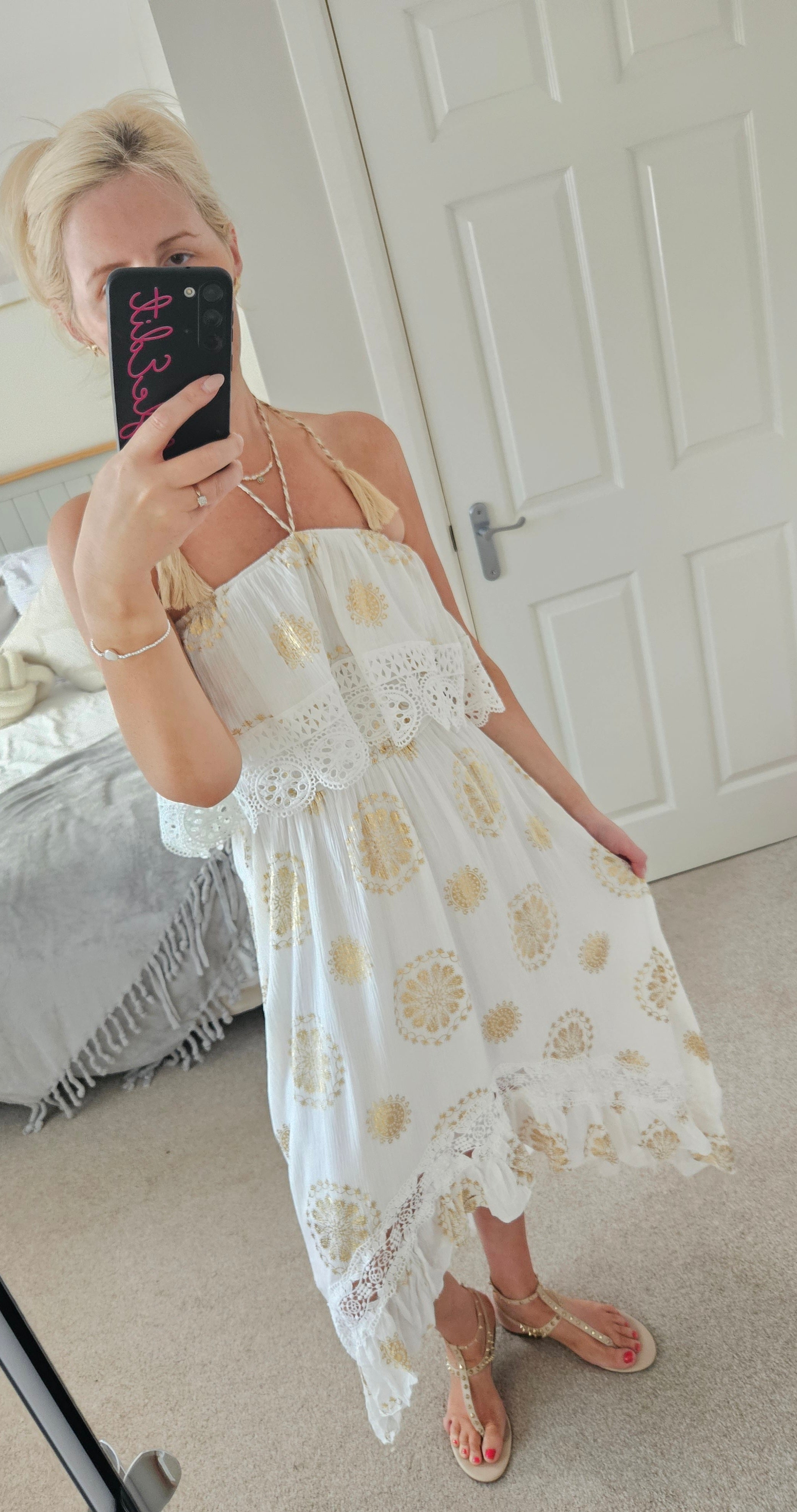 Eleni white and gold dip hem dress