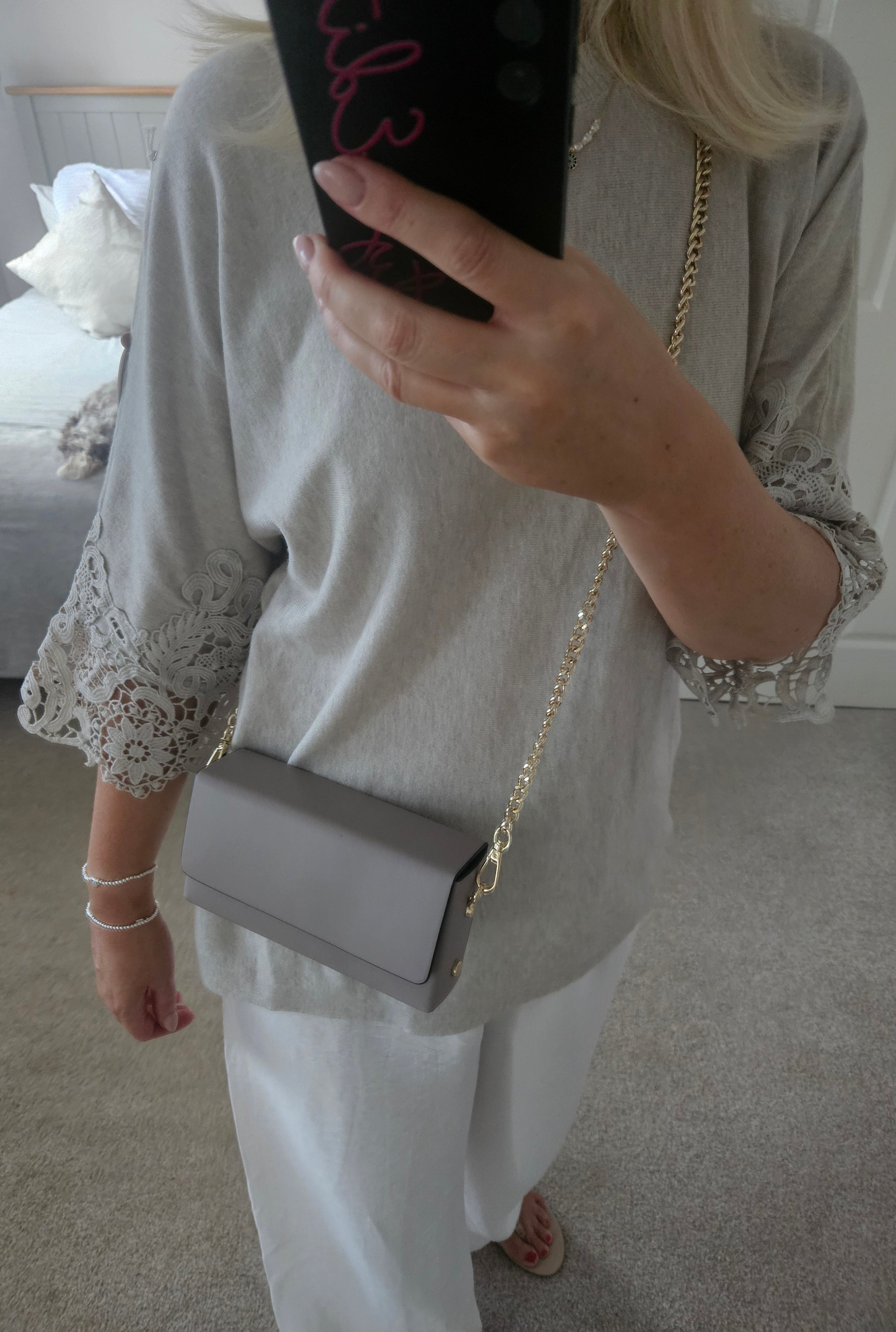 Fifi crochet sleeve knit jumper - Oatmeal