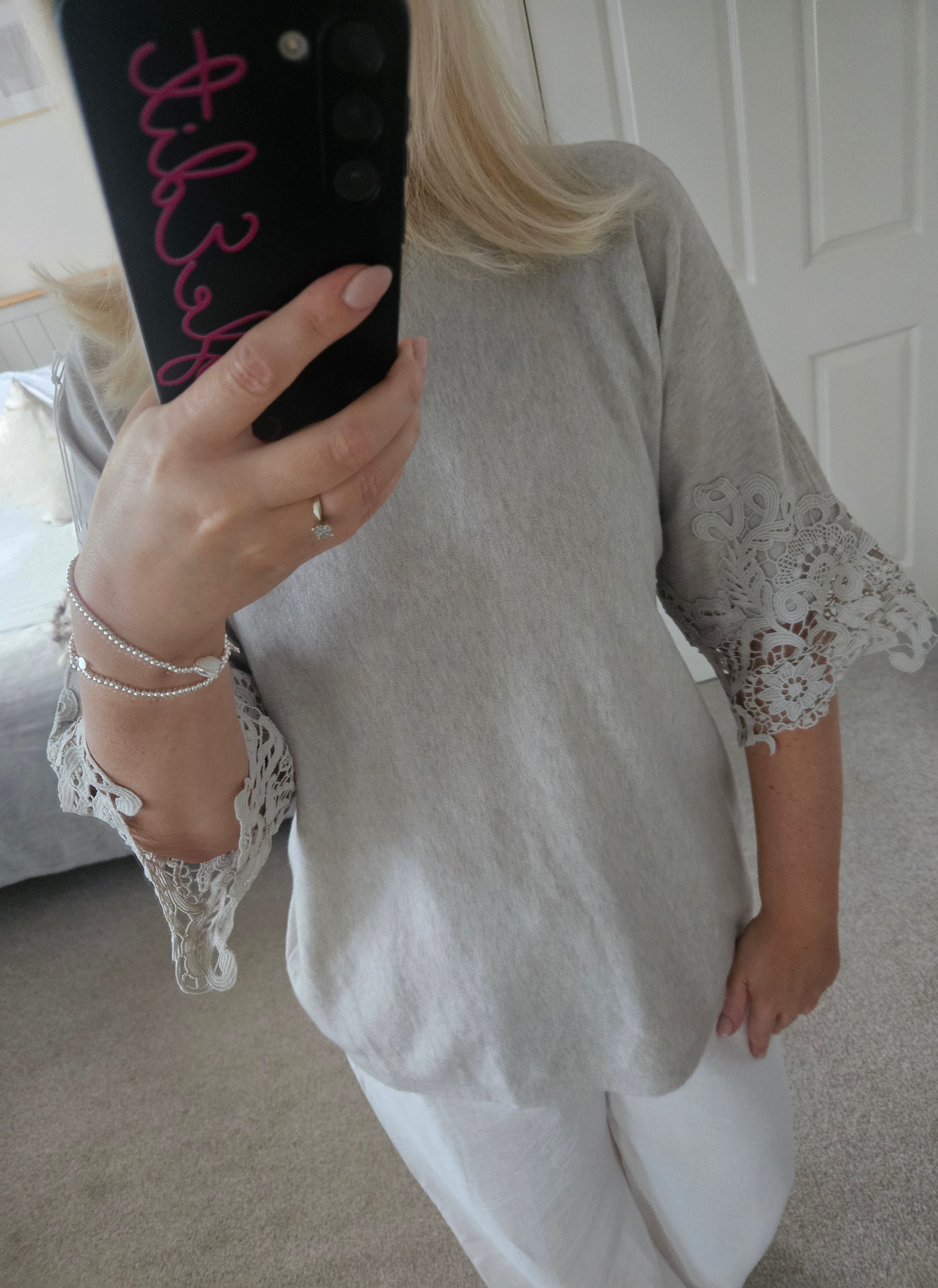 Fifi crochet sleeve knit jumper - Oatmeal