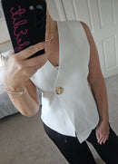 Clementine sleeveless knit with gold button - White